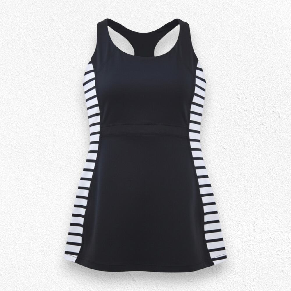 Athleta Tankini Swim Top Black White Striped Built In Bra Mesh Size Small